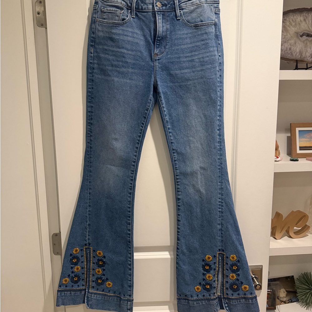 DRIFTWOOD Blue Flare Jeans with Sunflower Embroidery